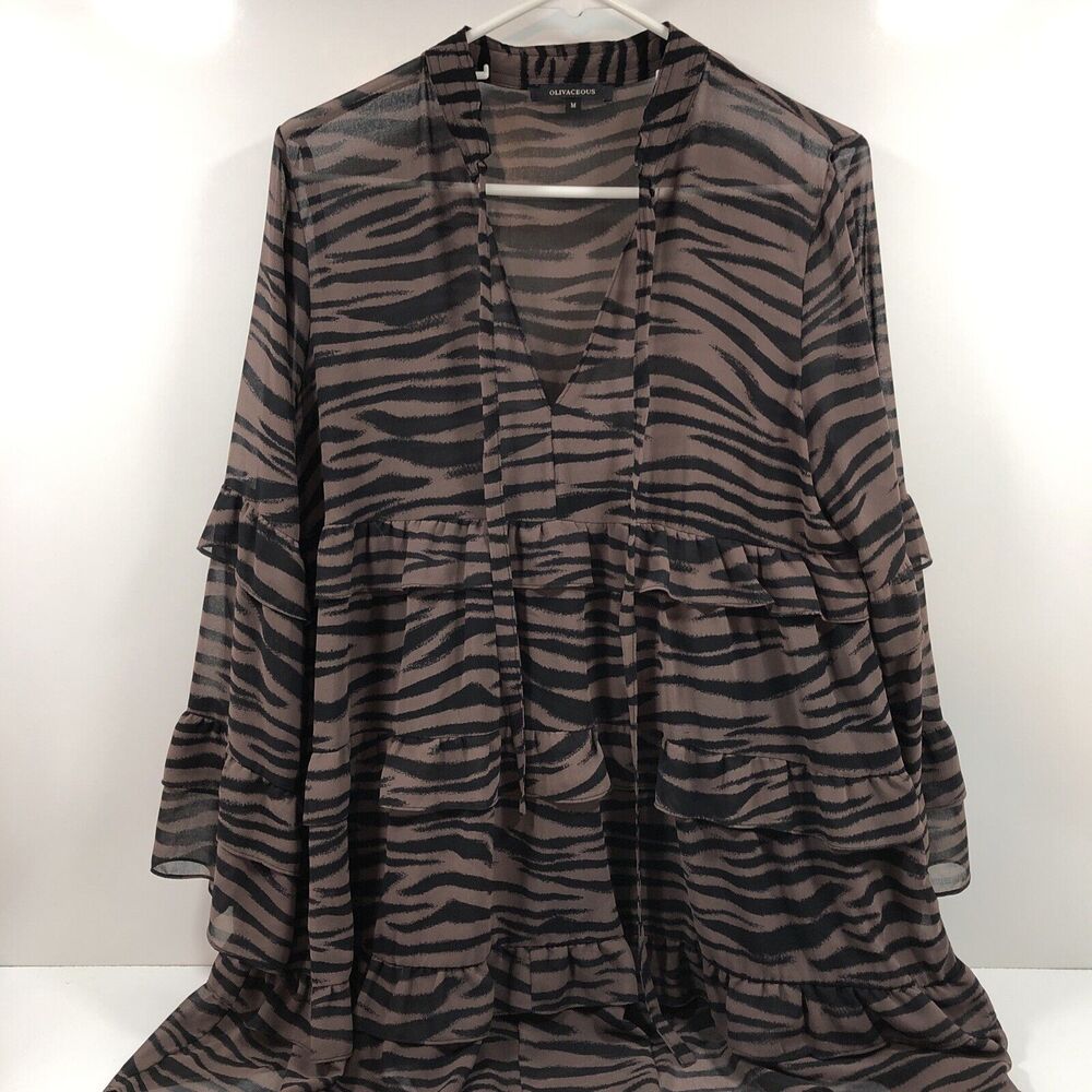 Olivaceous Tiger Print Dress Size Medium Tiered Black Brown Beautiful